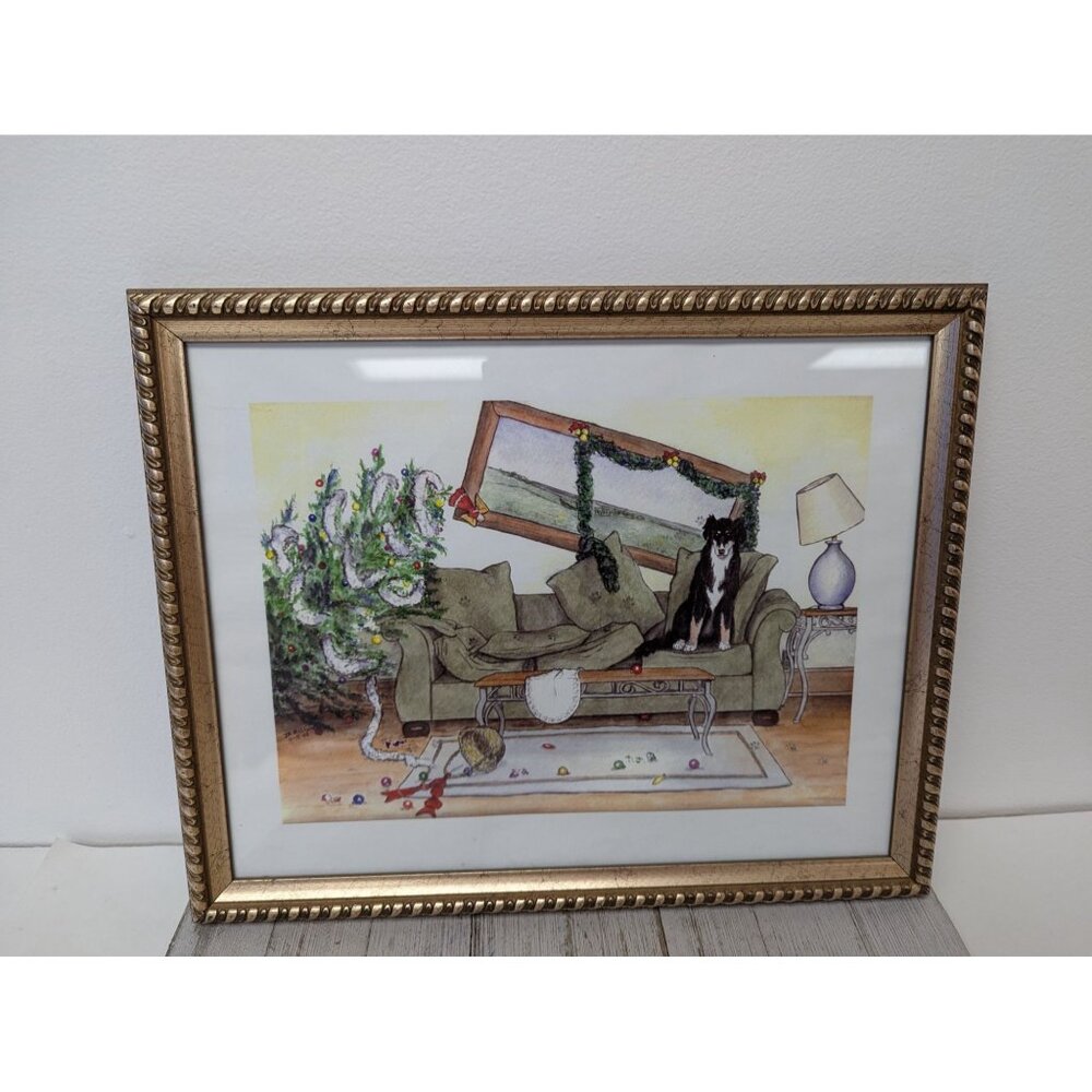 Jane McClure Jane's Prints Dog knocking over Christmas Tree Mess Framed Print